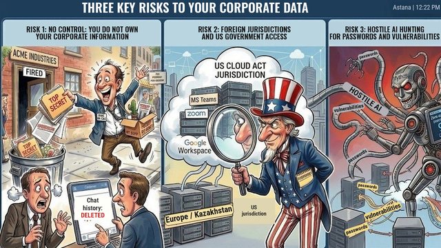 Fumetto: i tre principali rischi per i dati aziendali, cioè perdita di controllo, giurisdizioni straniere e attacchi basati sull'IA
